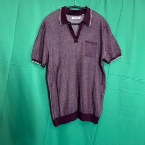 BEN SHERMAN burgundy knit v-neck polo shirt